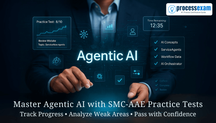A business professional interacts with a glowing Agentic AI dashboard featuring practice test scores, a timer, checklist, and the tagline Master Agentic AI with SMC-AAE Practice Tests for ProcessExam.