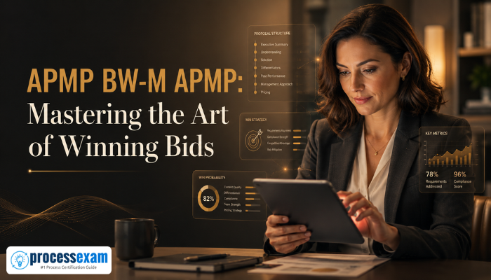 An adult woman, a bid manager, reviewing a digital proposal, representing mastery of the APMP BW-M APMP certification skills. The image highlights focus and strategic thinking in bid writing.