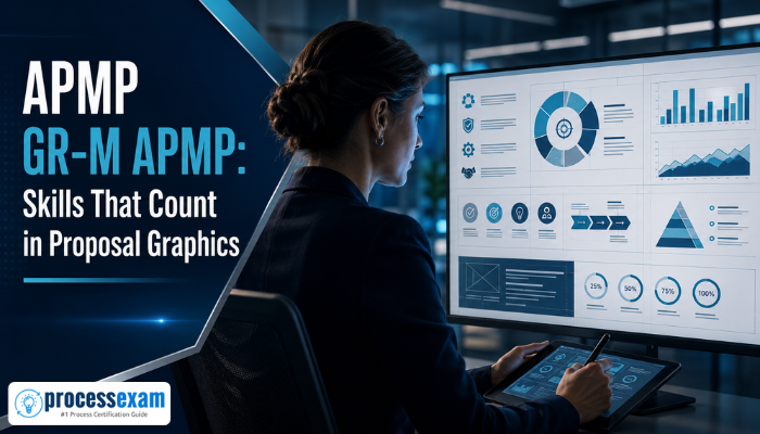 A professional woman meticulously working on a proposal graphic on a large screen, highlighting the precision and skill validated by the APMP Graphics Micro-Certification.
