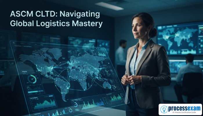 An adult woman, a logistics manager, stands before a holographic map of global shipping routes, embodying strategic control and expertise in ASCM CLTD operations.