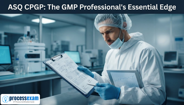 An adult man in a cleanroom examines a document, representing the precision and expertise of an ASQ Certified Pharmaceutical GMP Professional.