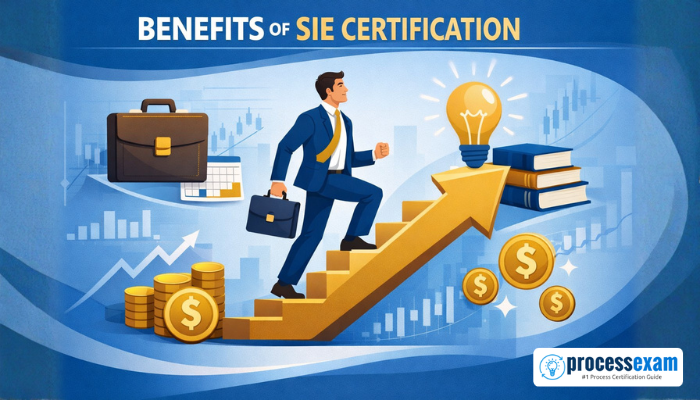 Professional climbing an upward arrow with finance icons illustrating career growth and benefits of SIE certification.