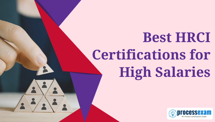 Hand stacking HR icons in a pyramid with text: 'Best HRCI Certifications for High Salaries' and ProcessExam logo.