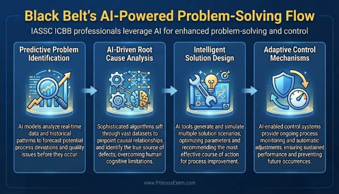 An infographic showing a step-by-step flow of an IASSC ICBB professional's AI-powered problem-solving, from predictive