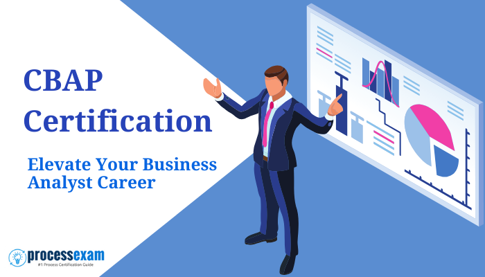 CBAP Certification guide with a business analyst presenting data charts, promoting career growth and expertise in business analysis.