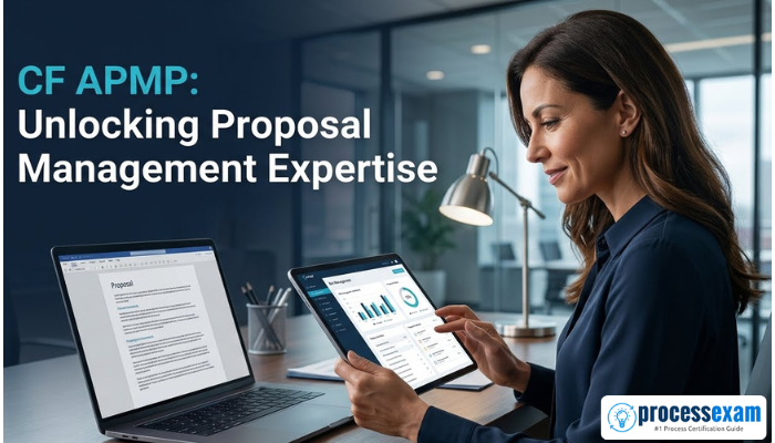 A professional woman focuses on a digital tablet displaying bid management data dashboards, with an open laptop showing a proposal document on a modern desk nearby. The clear text overlay reads, "CF APMP: Unlocking Proposal Management Expertise," symbolizing dedication and advanced capability in modern bid management.