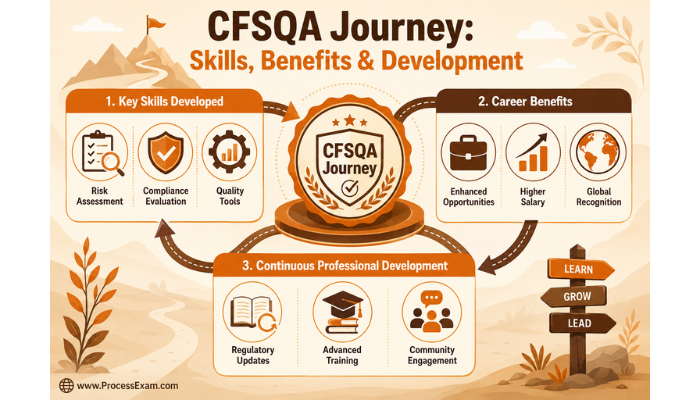 Infographic outlining the ASQ CFSQA certification journey, highlighting key skills developed, career benefits like global recognition, and the importance of continuous professional development for auditors.