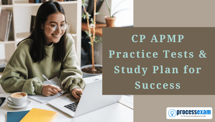 A young woman studying with a laptop and notebook, with text overlay reading 'CP APMP Practice Tests - Study Plan for Success' and the ProcessExam logo.