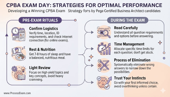 Infographic outlining a winning strategy for the Pega CPBA exam day, covering essential pre-exam rituals and key performance