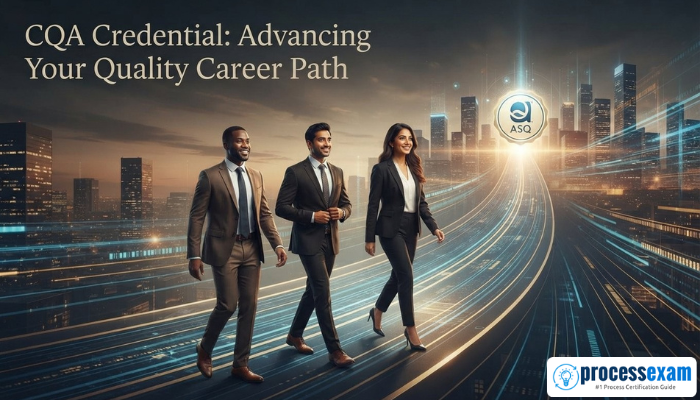 Three diverse professionals confidently walk up an abstract path towards a glowing ASQ CQA symbol, illustrating career
