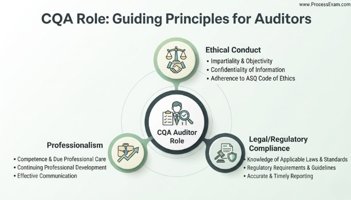 A conceptual infographic illustrating the CQA Auditor's guiding principles, with a central 'Auditor Role' node connected to