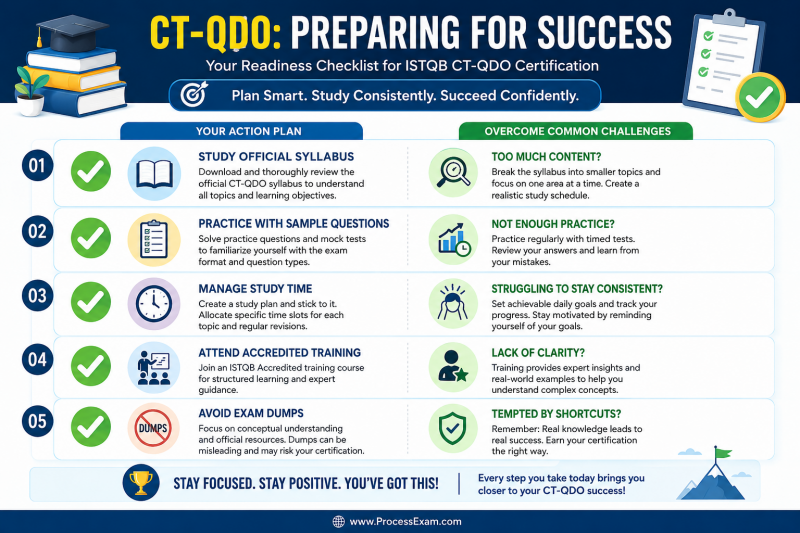 An infographic checklist detailing key preparation steps for the ISTQB CT-QDO exam, including studying the syllabus