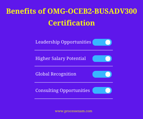 Infographic highlighting the benefits of the OMG-OCEB2-BUSADV300 certification, including leadership opportunities, higher salary potential, global recognition, and consulting opportunities.