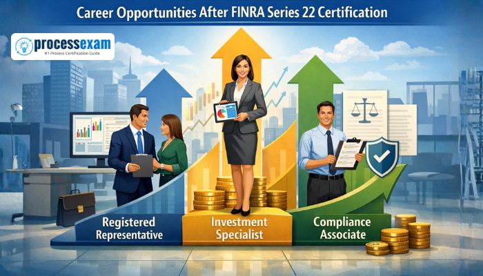Illustration of career opportunities after FINRA Series 22 Certification featuring Registered Representative, Investment Specialist, and Compliance Associate roles.