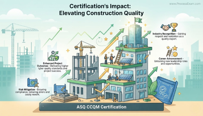 Conceptual infographic showing the career and project benefits of ASQ CCQM certification, including enhanced project