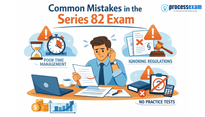 Flat vector illustration of a finance professional reviewing Series 82 exam papers with warning icons highlighting poor time management, ignored regulations, and lack of practice tests.