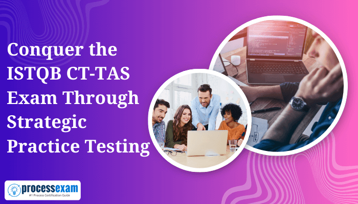 Conquer the ISTQB CT-TAS Exam Through Strategic Practice Testing - A visual with a diverse group collaborating on laptops and code displayed on a computer screen, promoting ISTQB CT-TAS exam preparation.