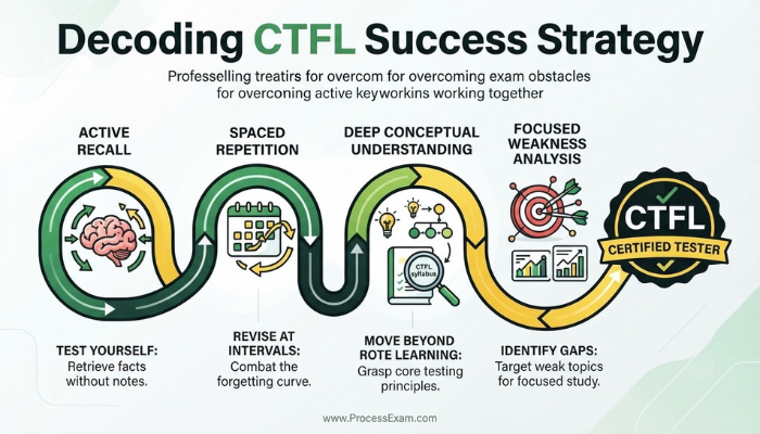 Infographic illustrating key strategies for ISTQB CTFL exam success, including active recall, spaced repetition, and deep