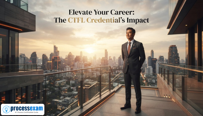 A professional adult man confidently overlooking a thriving city skyline at dawn, symbolizing career advancement and opportunities through ISTQB CTFL certification.