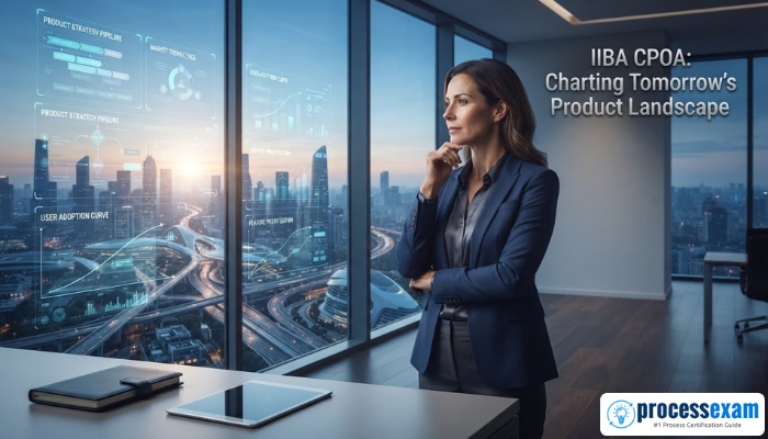 An adult woman, a product owner, gazes at a futuristic city, symbolizing strategic foresight and market analysis for IIBA