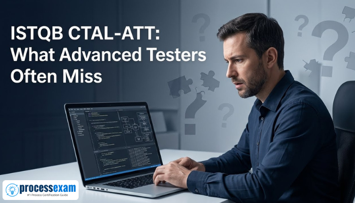 An adult man, a technical tester, looking thoughtfully at a laptop screen with complex code, symbolizing the challenges and common oversights in ISTQB CTAL-ATT preparation.
