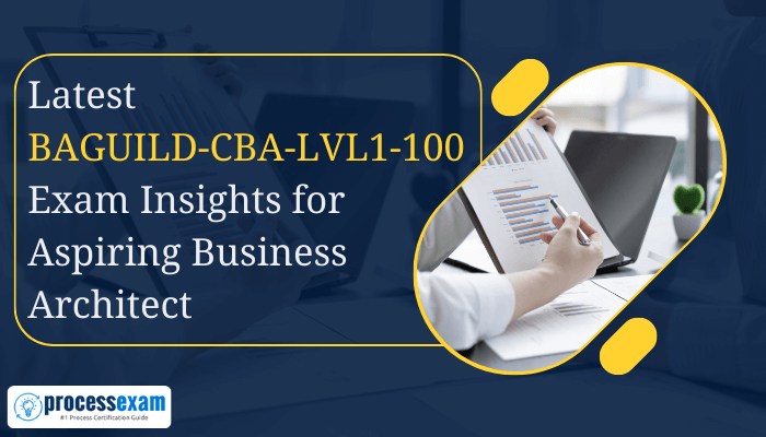 Professional examining BAGUILD-CBA-LVL1-100 certification insights on laptop with text overlay about latest exam trends for business architects.