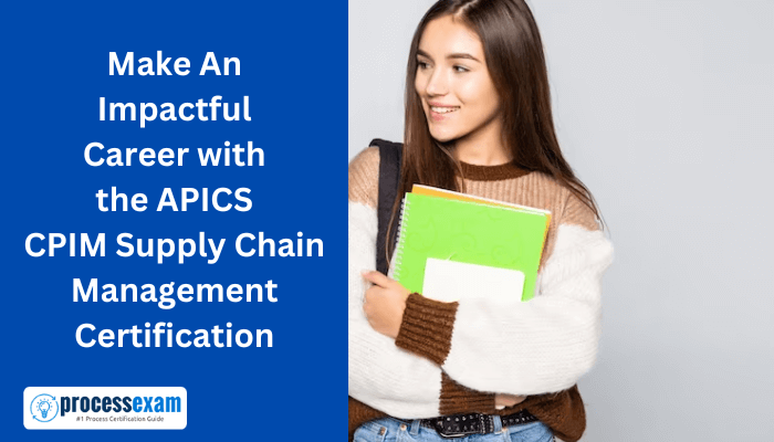 A smiling young woman holding colorful notebooks stands confidently beside text promoting a career with the APICS CPIM Supply Chain Management Certification.