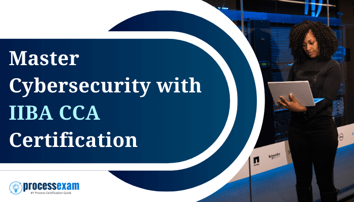 Master Cybersecurity with IIBA CCA Certification - ProcessExam banner featuring a professional woman working on a laptop in a cybersecurity environment.