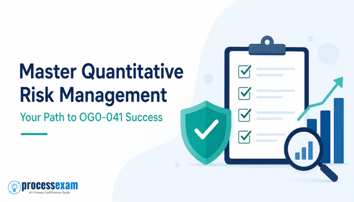 Minimal banner titled “Master Quantitative Risk Management,” showing a shield checkmark, checklist, magnifying glass, and rising chart for OG0-041 exam success.