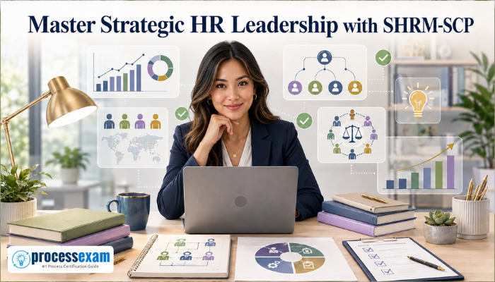 HR leader reviewing workforce analytics and SHRM-SCP competency notes on a laptop at a modern desk.