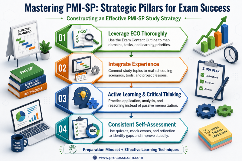 Infographic outlining strategic pillars for PMI-SP exam success, emphasizing effective study methods like leveraging the ECO