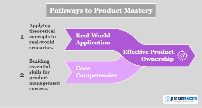 Infographic illustrating pathways to product mastery, emphasizing real-world application and core competencies leading to effective product ownership, with ProcessExam branding.