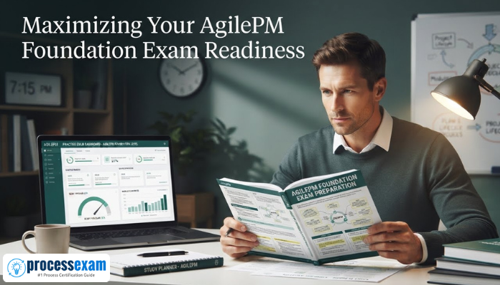 An adult man diligently studying for the AgilePM Foundation exam at a desk with a study guide and laptop, conveying focused preparation and readiness.
