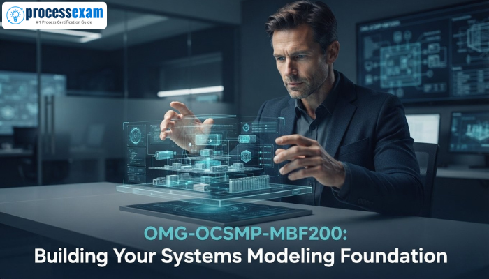 An adult man, a systems engineer, interacting with a holographic projection of a complex system model, emphasizing the foundational build aspect of the OMG-OCSMP-MBF200 certification. The image features a futuristic desk environment and a deep blue color palette.