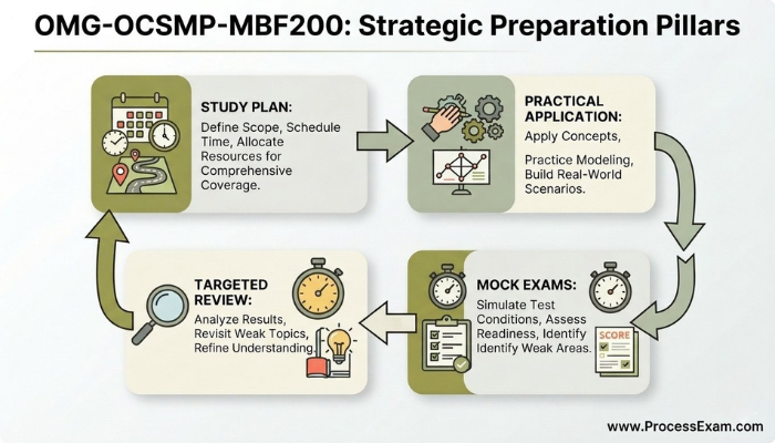 Infographic illustrating the strategic preparation pillars for the OMG-OCSMP-MBF200 exam, featuring modular cards for Study