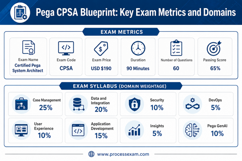 Infographic detailing the Pega CPSA exam blueprint, showing key metrics like duration, number of questions, and passing