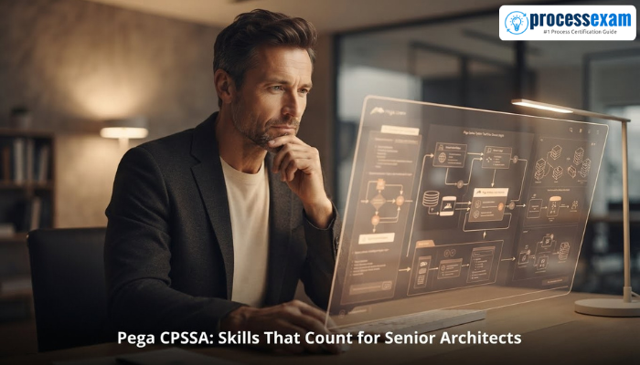 An adult man, a Senior Pega System Architect, contemplating architectural diagrams on a futuristic screen, illustrating