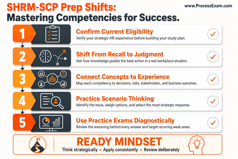 An infographic detailing key SHRM-SCP preparation shifts for mastering competencies, presented in a layered block layout