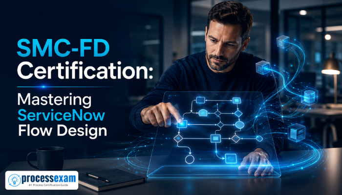 A professional man focused on a holographic display of ServiceNow Flow Designer workflows, representing mastery of the SMC-FD certification. The image highlights automation skills.