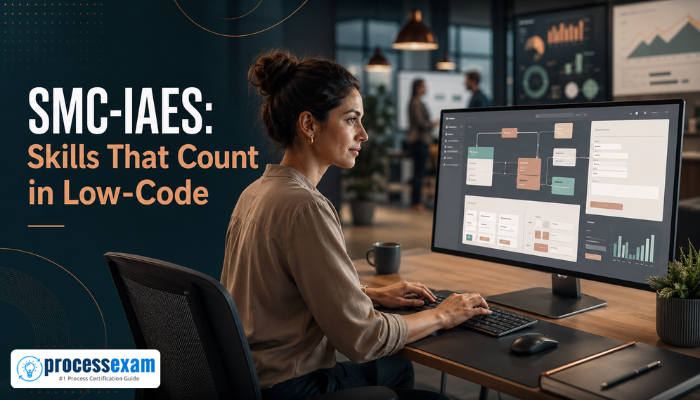 A professional woman focused on developing an application in App Engine Studio, symbolizing the practical skills validated by the ServiceNow SMC-IAES certification.