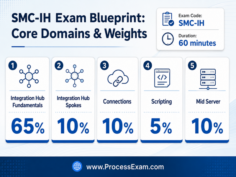 An infographic outlining the ServiceNow SMC-IH exam blueprint, detailing syllabus topics like Integration Hub Fundamentals