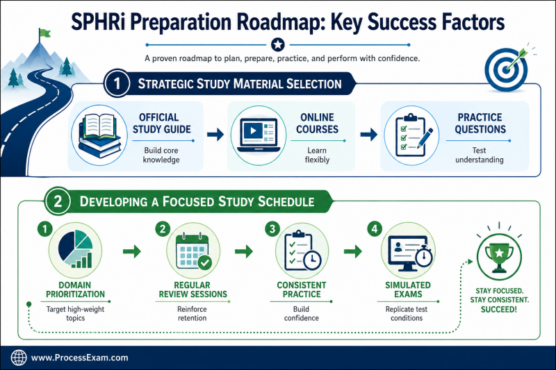 Infographic outlining a strategic roadmap for HRCI SPHRi exam preparation, detailing selection of study materials and