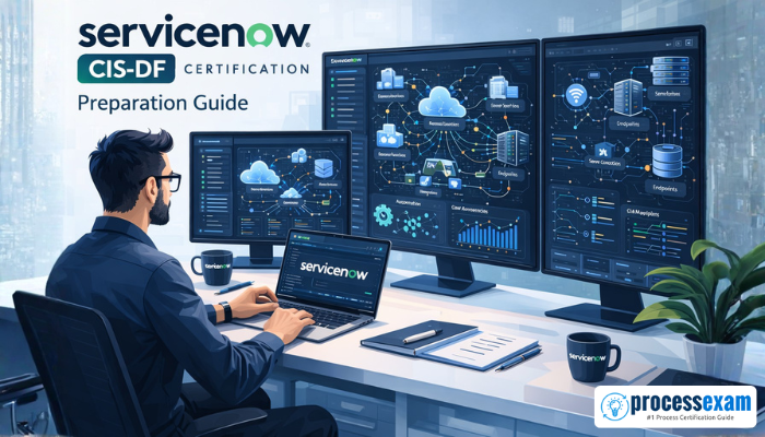 Image showing a CIS-DF exam preparation checklist with steps like learning ServiceNow Discovery fundamentals, practicing exam questions, reviewing infrastructure mapping, and taking mock tests with professional IT-themed icons.