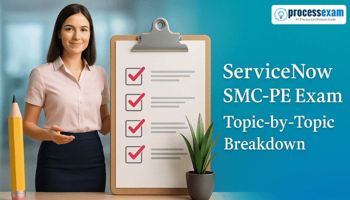 A professional woman stands beside a checklist clipboard in an office setting with the title ServiceNow SMC-PE Exam