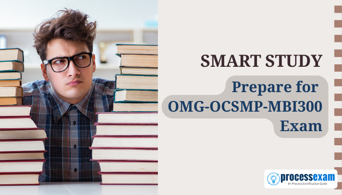 Student Preparing for OMG-OCSMP-MBI300 Exam with Smart Study Approach and Books.