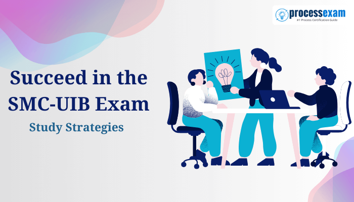 Promotional banner for SMC-UIB Exam study strategies, showing three professionals at a desk, discussing over a laptop, with a soft purple and blue background.