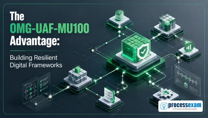 An isometric 3D illustration shows a complex network of glowing nodes and lines, symbolizing robust digital frameworks and the resilient architecture skills validated by OMG-UAF-MU100 certification.