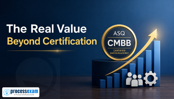 ASQ CMBB badge with rising bars and a gold arrow, symbolizing certification value, ROI growth, and strategic quality leadership.