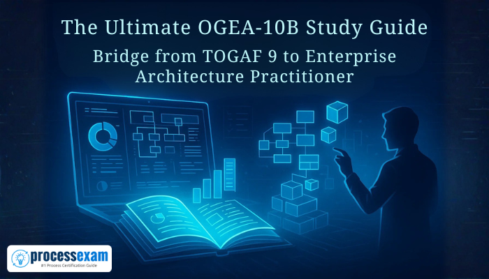 A futuristic digital study scene showing a glowing laptop, holographic diagrams, and an open illuminated book with a silhouette of an architect, titled The Ultimate OGEA-10B Study Guide: Bridge from TOGAF 9 to Enterprise Architecture Practitioner with the ProcessExam logo.