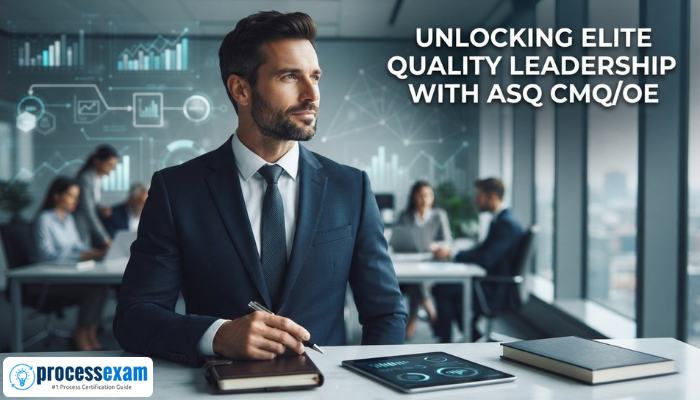 A professional man looking confidently, representing strategic leadership in quality. Abstract lines in the background symbolize data and processes, emphasizing the ASQ CMQ/OE certification focus on organizational excellence.